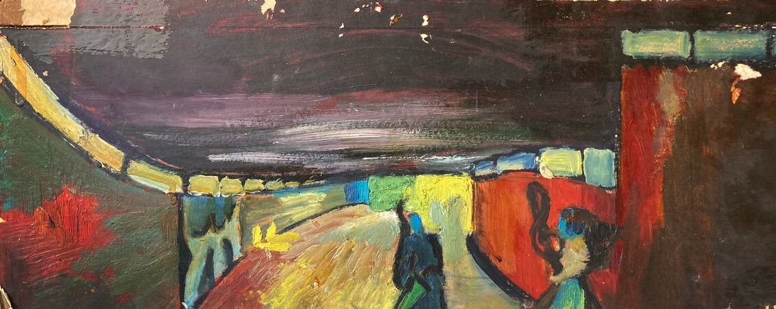 Pintura abstracta y colorida con un camino central iluminado en amarillo y formas de color rojo oscuro y azul a su alrededor.