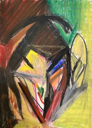 Pintura abstracta de un rostro con líneas oscuras y fluidas, reflejos amarillos y fondo verde rojizo.