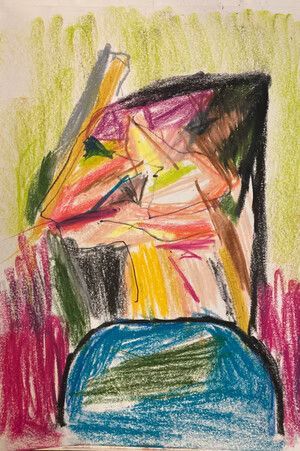 Dibujo abstracto y colorido con un arco azul, formas rosas y amarillas, y una parte superior triangular oscura sobre un fondo pálido.