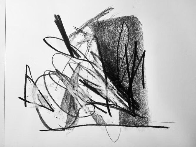 Garabatos abstractos en negro y gris sobre un fondo blanco, que recuerdan a un boceto tosco.