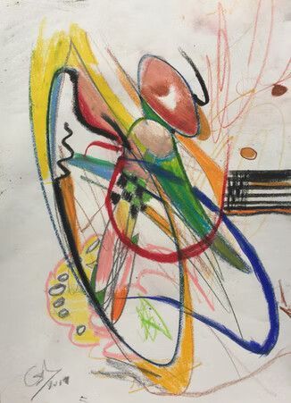 Dibujo abstracto con líneas coloridas en bucle, una forma ovalada roja y un detalle de rayas sobre un fondo blanco.
