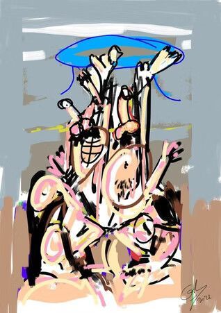 Dibujo abstracto de una figura desnuda agrupada con los brazos levantados bajo una forma ovalada azul, en tonos rosas, negros y tostados.