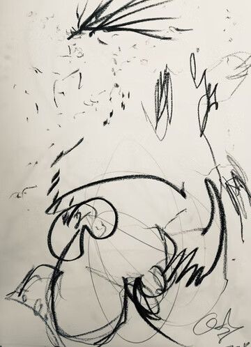 Boceto abstracto en tinta negra con trazos sueltos y líneas curvas sobre un fondo blanco.