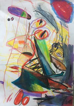 Pintura abstracta y colorida con formas llamativas en rojo, azul, amarillo y negro, y líneas garabateadas.