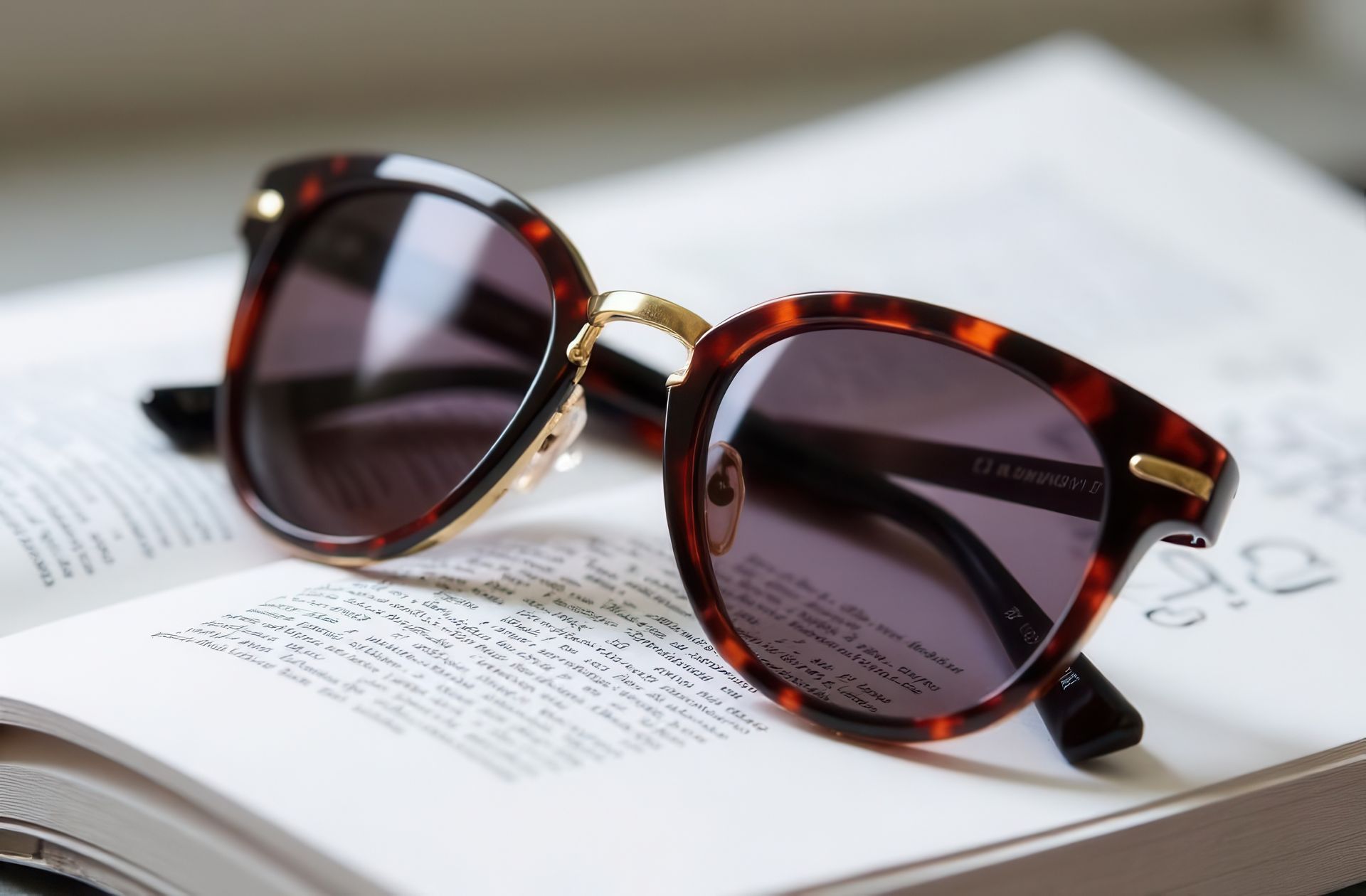 Des lunettes de soleil écaille de tortue reposent sur un livre ouvert, les verres teintés étant visibles.