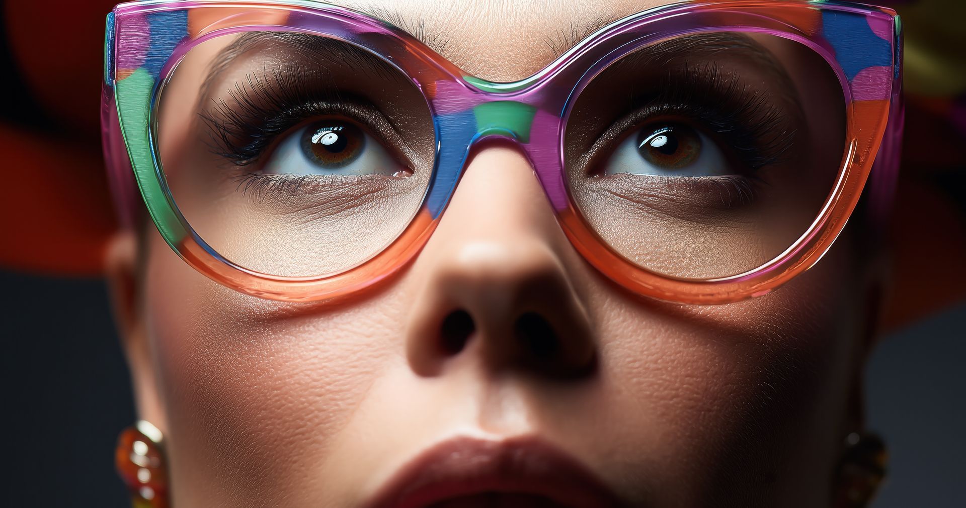 Femme portant des lunettes colorées et surdimensionnées, regardant vers le haut.