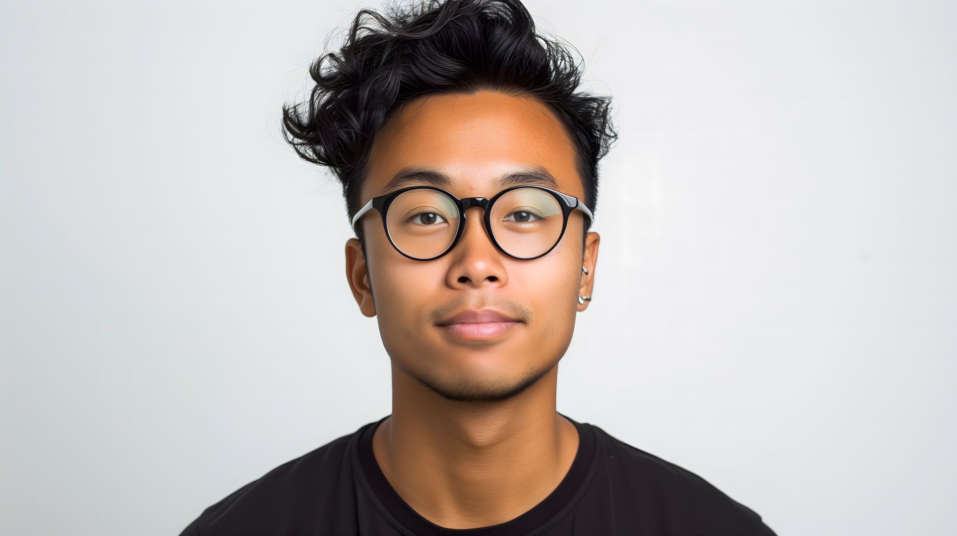 Un jeune homme aux cheveux noirs bouclés et aux lunettes.