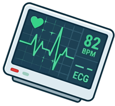 Digitaler EKG-Monitor mit grüner Herzfrequenzkurve und 82 Schlägen pro Minute auf geneigtem Bildschirm.