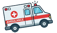 Cartoon-Ambulanz in Rot und Weiß mit Blinklicht und medizinischem Kreuz-Emblem