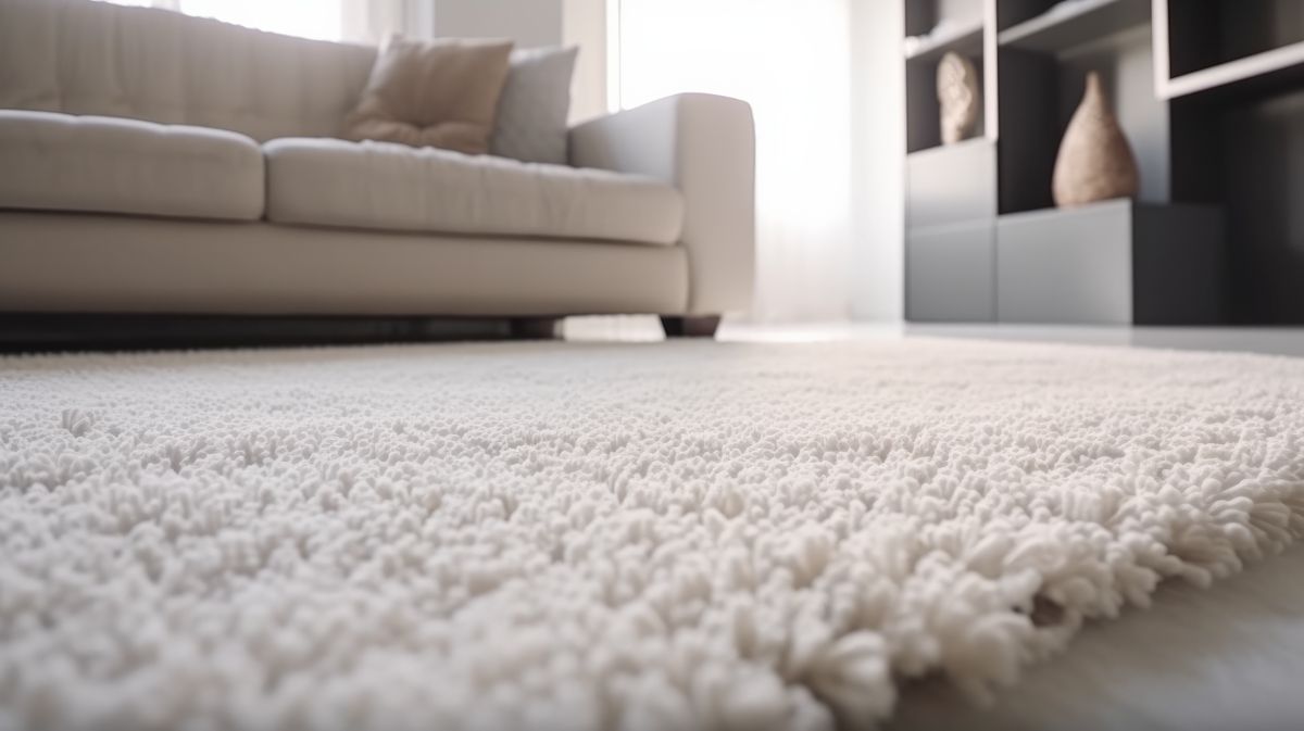 Ein weißer, zotteliger Teppich in einem Wohnzimmer mit weißem Sofa und dunklem Schrank.