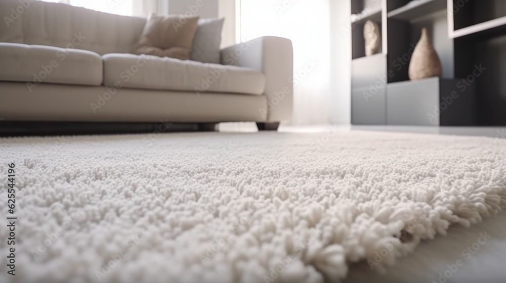 Ein weißer, zotteliger Teppich in einem Wohnzimmer mit weißem Sofa und dunklem Schrank.