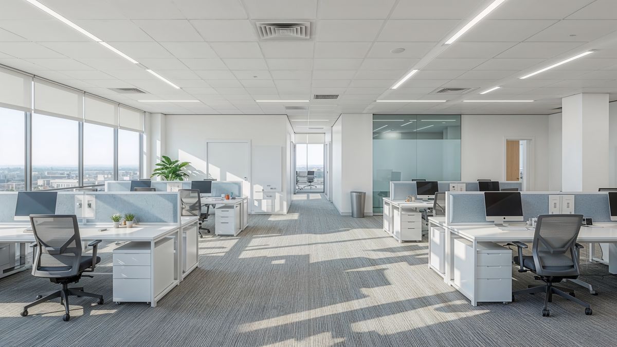 Helles, modernes Büro mit Reihen weißer Schreibtische und Stühle, natürliches Licht durch große Fenster.