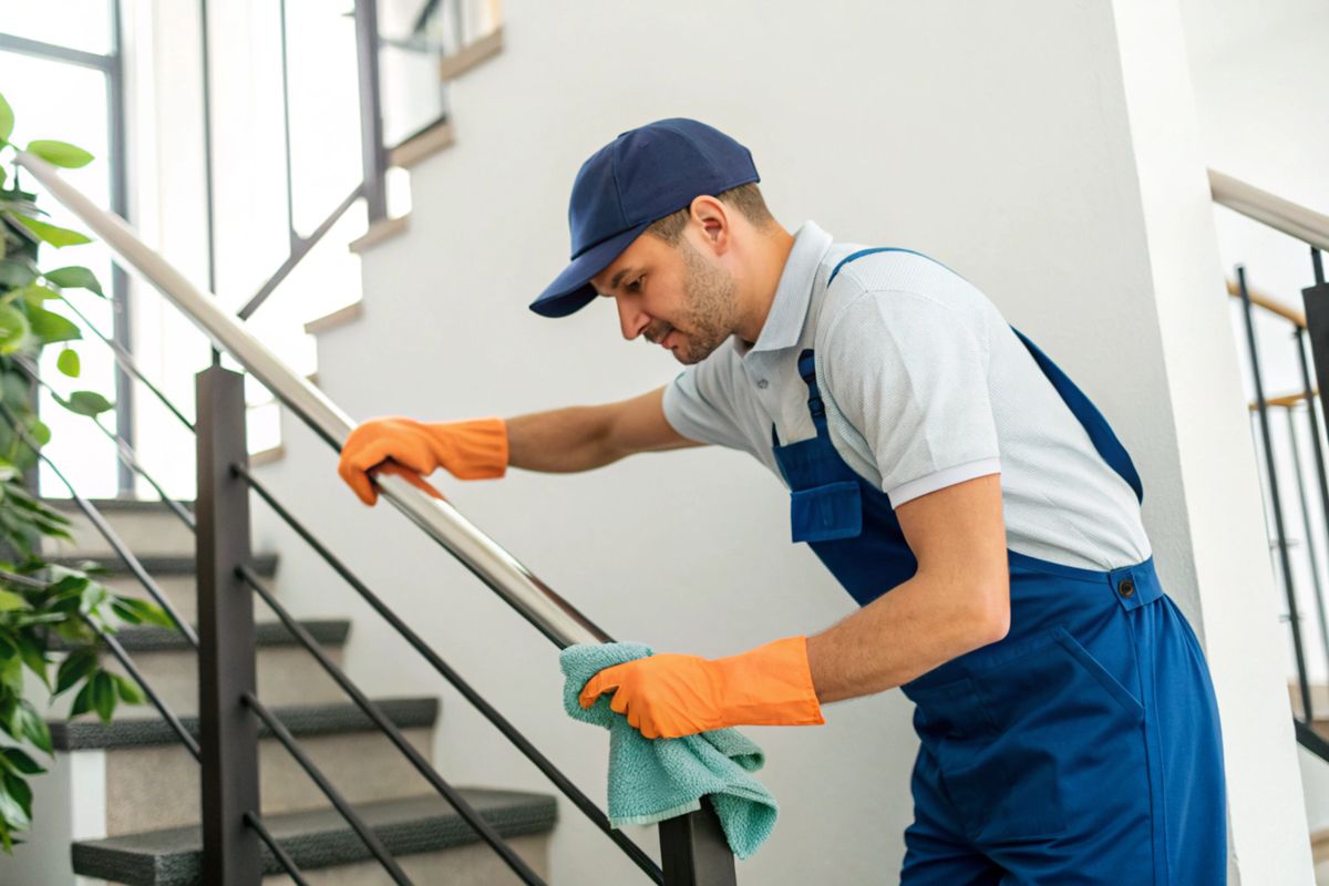 Eine Person in blauem Overall und Mütze reinigt mit einem Tuch ein Treppengeländer.