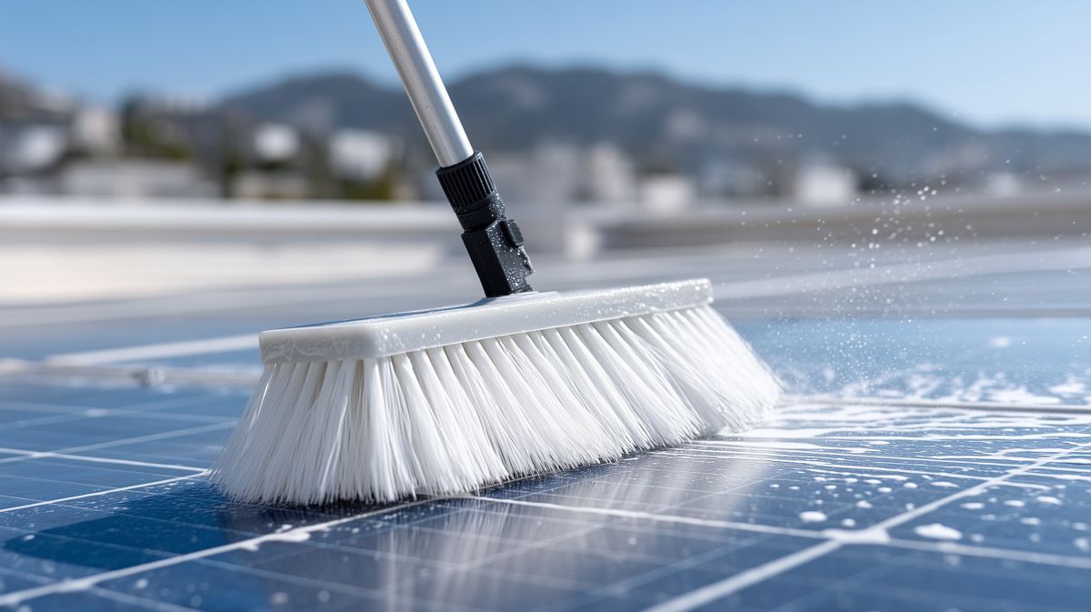 Eine Person reinigt Solarpaneele mit einer Bürste mit langem Stiel auf einem Dach.