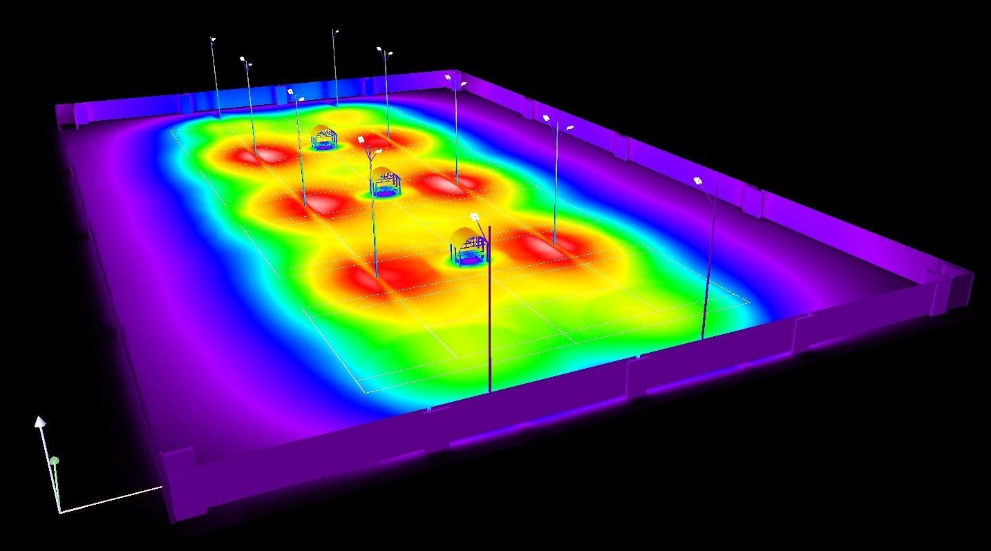 Una imagen generada por computadora de una pista de hockey con un arco iris de colores.