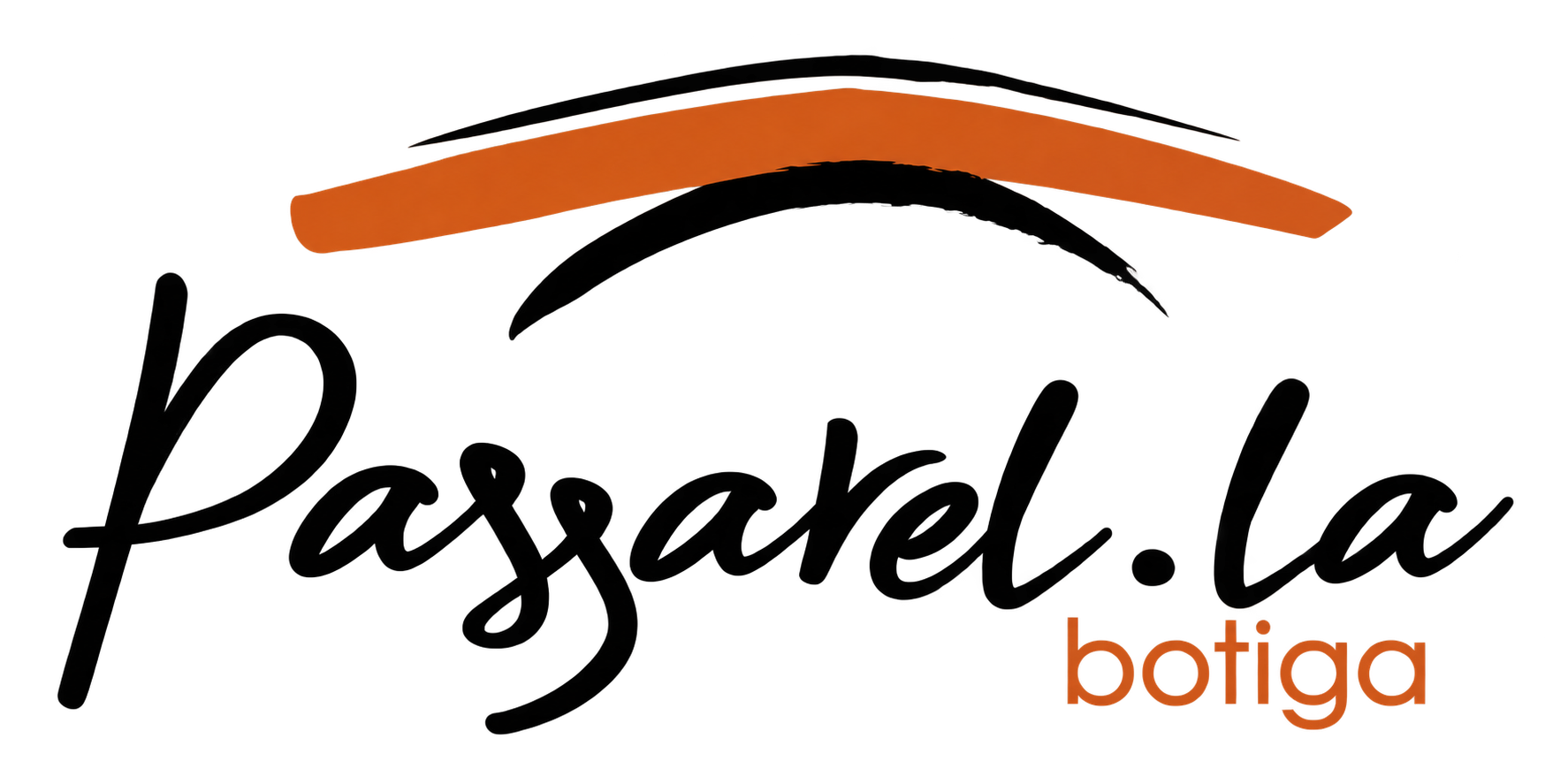 Logotipo de la tienda Passarel.la con letras negras de estilo manuscrito y detalles en forma de arco de color naranja
