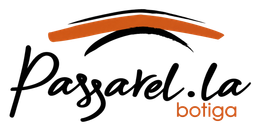 Logotipo de la tienda Passarel.la con letras negras de estilo manuscrito y detalles en forma de arco de color naranja