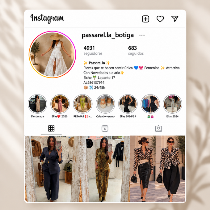 Perfil de Instagram de passarell_a_botiga, con conjuntos de moda y detalles del escaparate