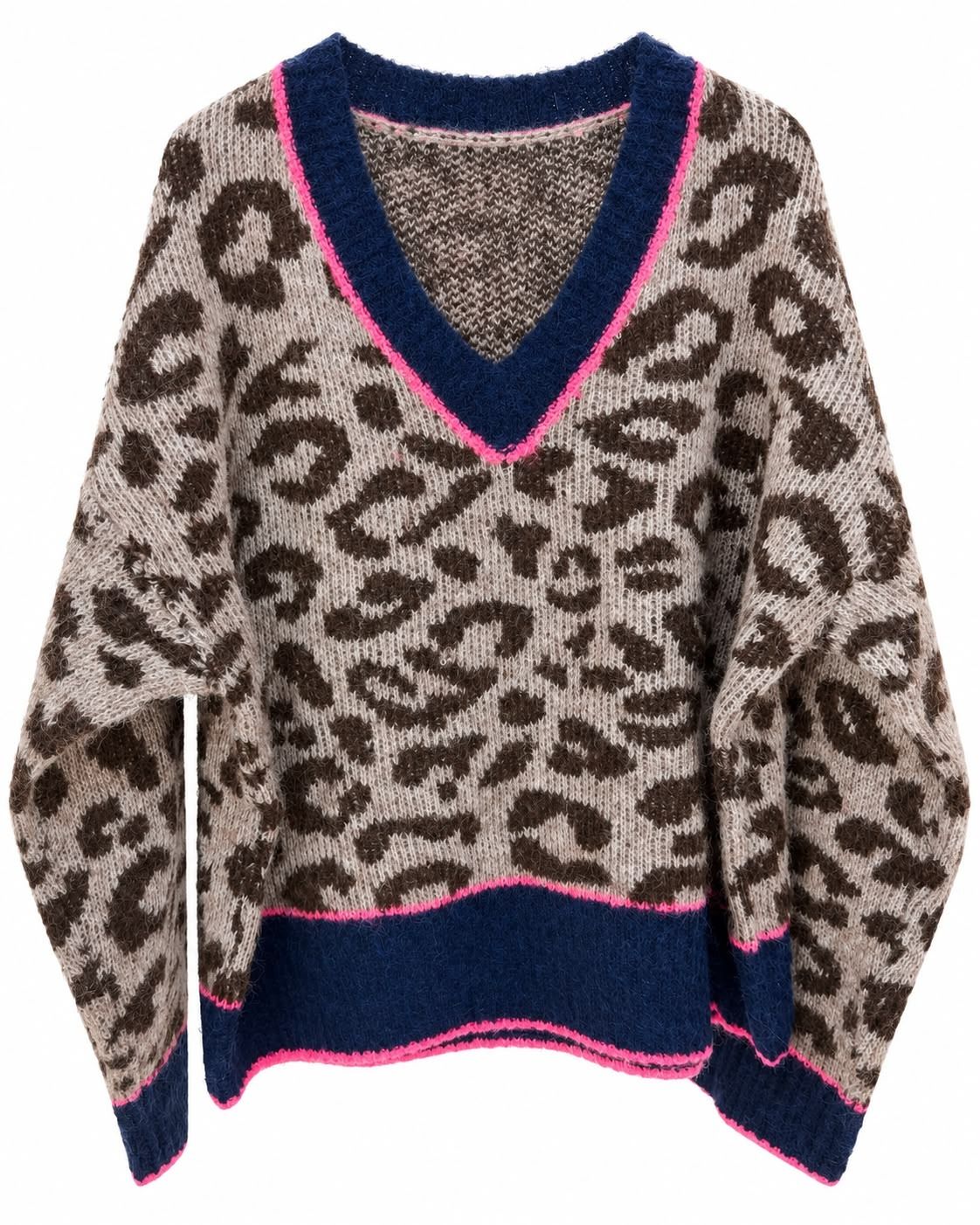 Jersey de cuello en V con estampado de leopardo, ribetes azul marino y rosa, y bajo y puños azules