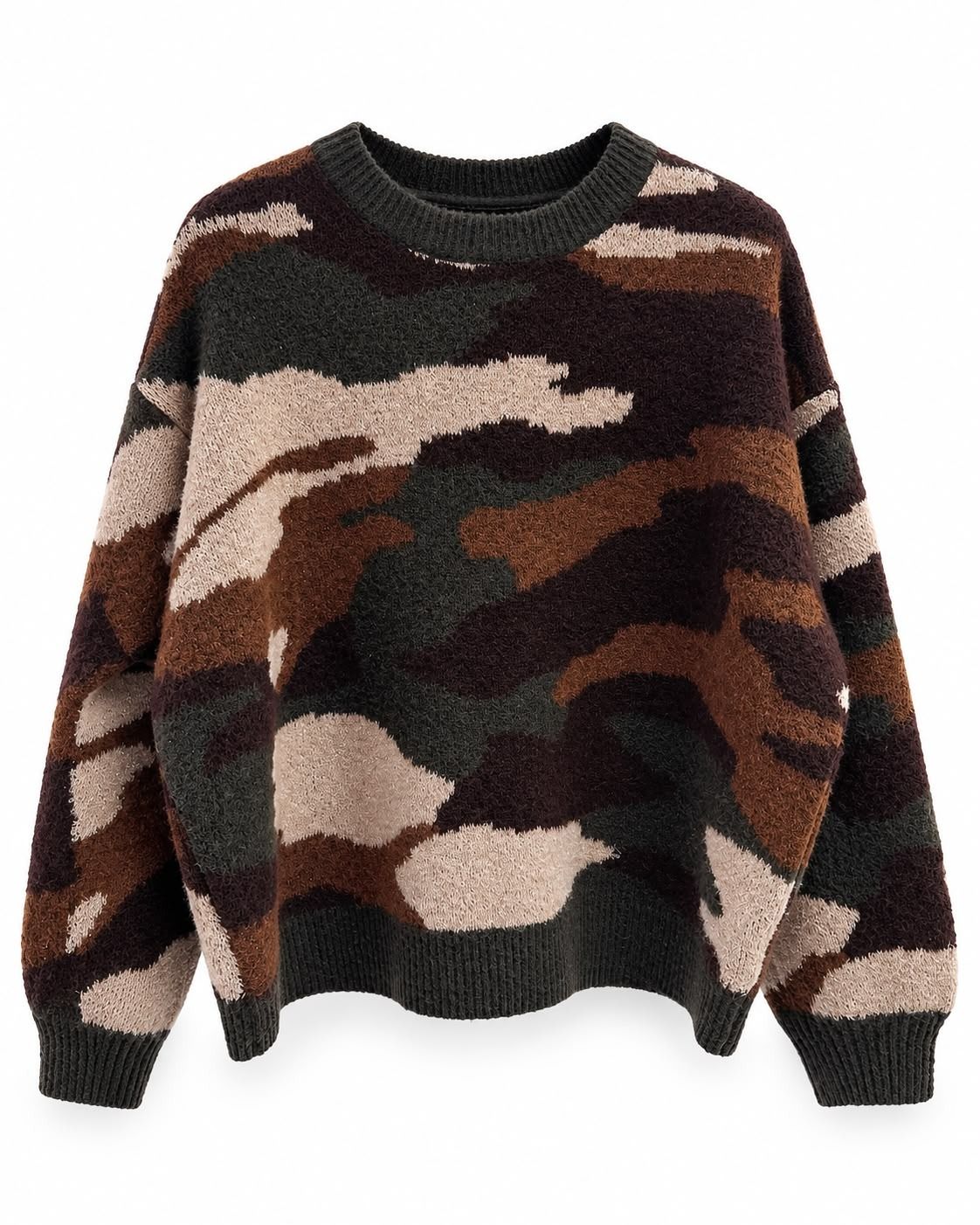 Suéter de cuello redondo con estampado de camuflaje en marrón, negro, beige y gris
