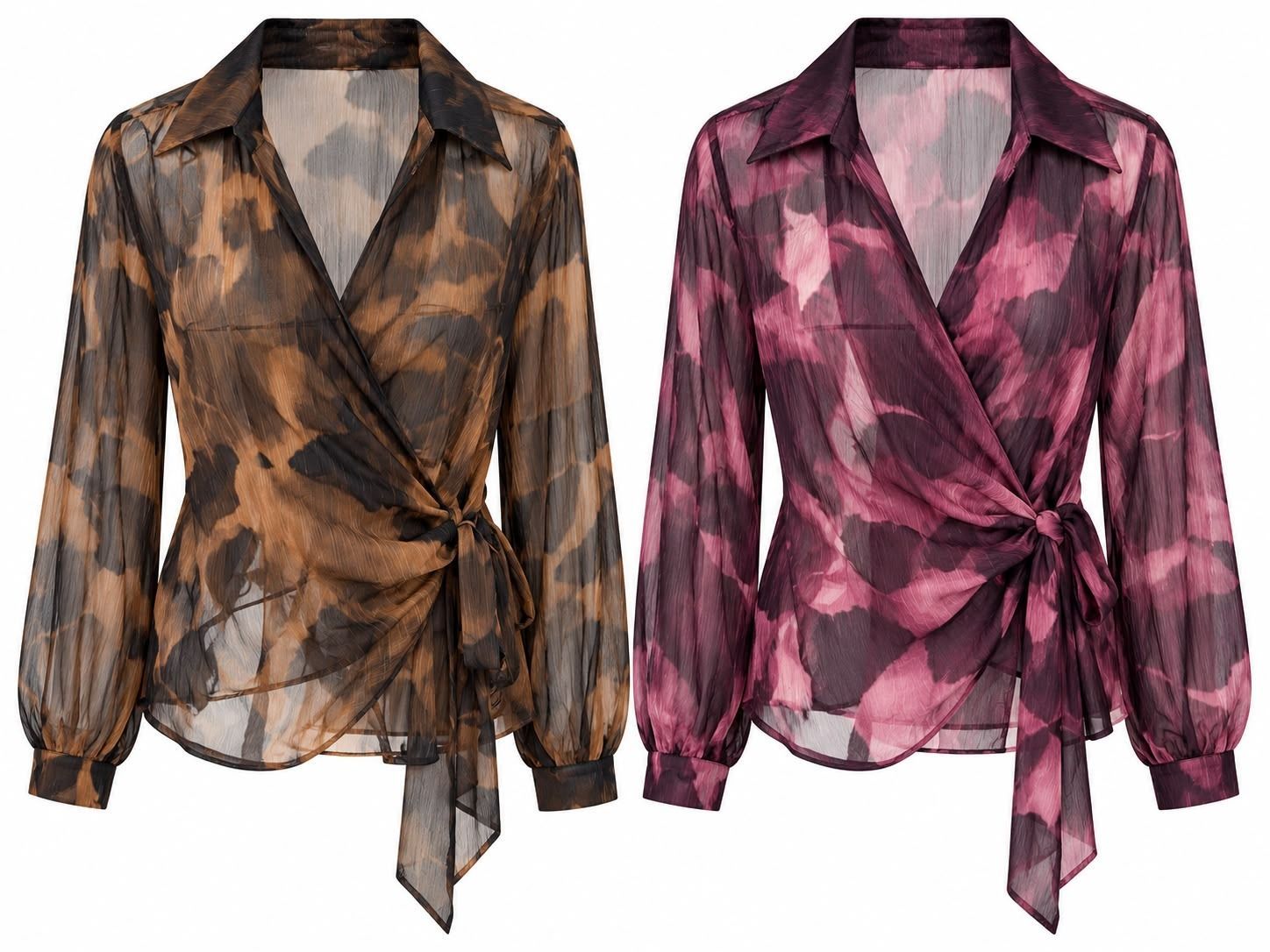 Dos blusas transparentes con lazo delantero, una marrón y otra rosa, de manga larga y con estampado abstracto