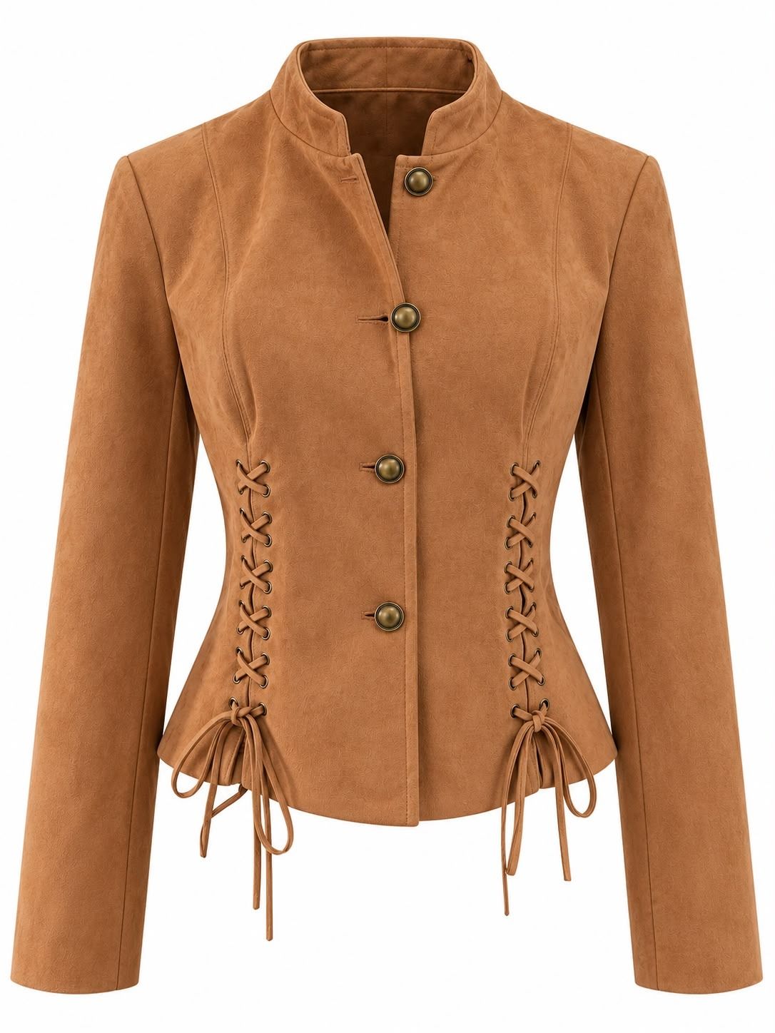 Chaqueta marrón de ante, de estilo femenino, con cuello alto, cierre de botones y detalles laterales con cordones