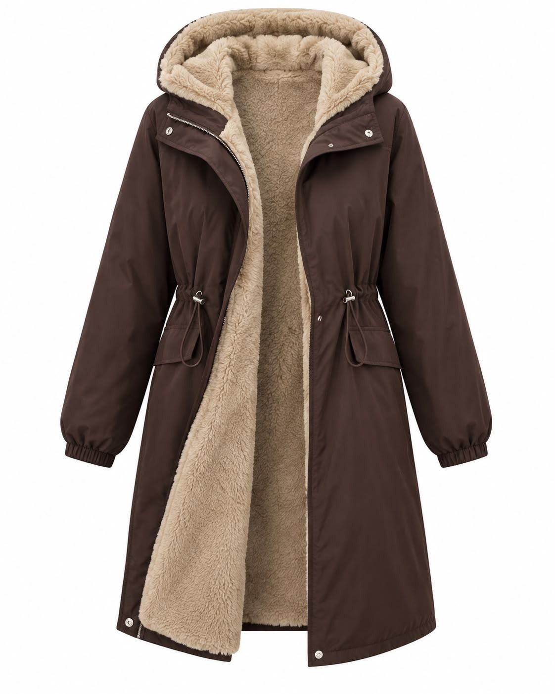 Abrigo marrón de invierno con capucha, forro de borreguito beige, cremallera frontal y bolsillos laterales