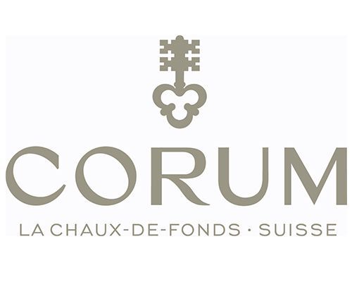 das Logo für corum la chaux-de-fonds suisse mit einem Schlüssel auf weißem Hintergrund .