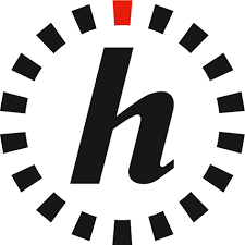 ein schwarz-weißes Logo mit einem roten Punkt in der Mitte .