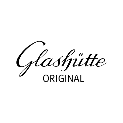 ein schwarz-weißes Logo für Glashütte Original auf weißem Hintergrund .