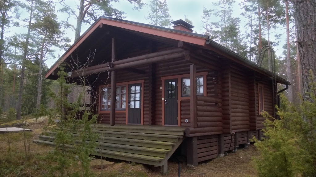 Tumma hirsimökki metsässä