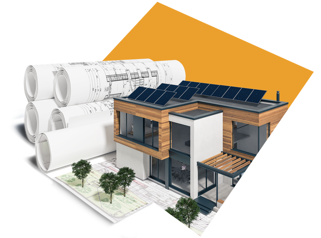 Une maison avec des panneaux photovoltaïques sur des plans de construction en rouleaux