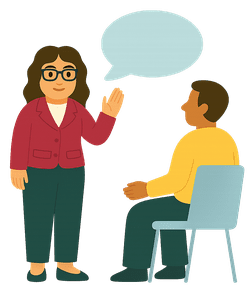 Una persona de pie, gesticulando, con un bocadillo de diálogo encima, hablando con otra persona sentada en una silla.