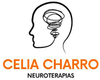 Logotipo de "Celia Charro Neuroterapias" con texto naranja y un dibujo lineal negro de una cabeza con un garabato.