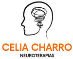 Logotipo de "Celia Charro Neuroterapias" con texto naranja y un dibujo lineal negro de una cabeza con un garabato.