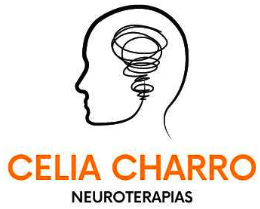 Logotipo de "Celia Charro Neuroterapias" con texto naranja y un dibujo lineal negro de una cabeza con un garabato.