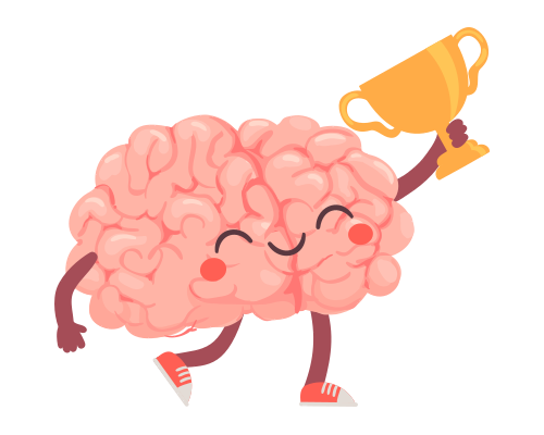 Un cerebro rosa de dibujos animados con expresión feliz, corriendo y sosteniendo un trofeo dorado.