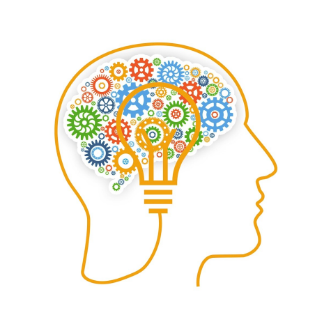 El contorno amarillo de una cabeza humana que contiene una bombilla