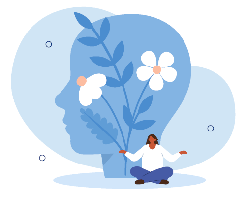 Una persona medita frente a la silueta azul de un perfil que contiene una planta en crecimiento con flores blancas.