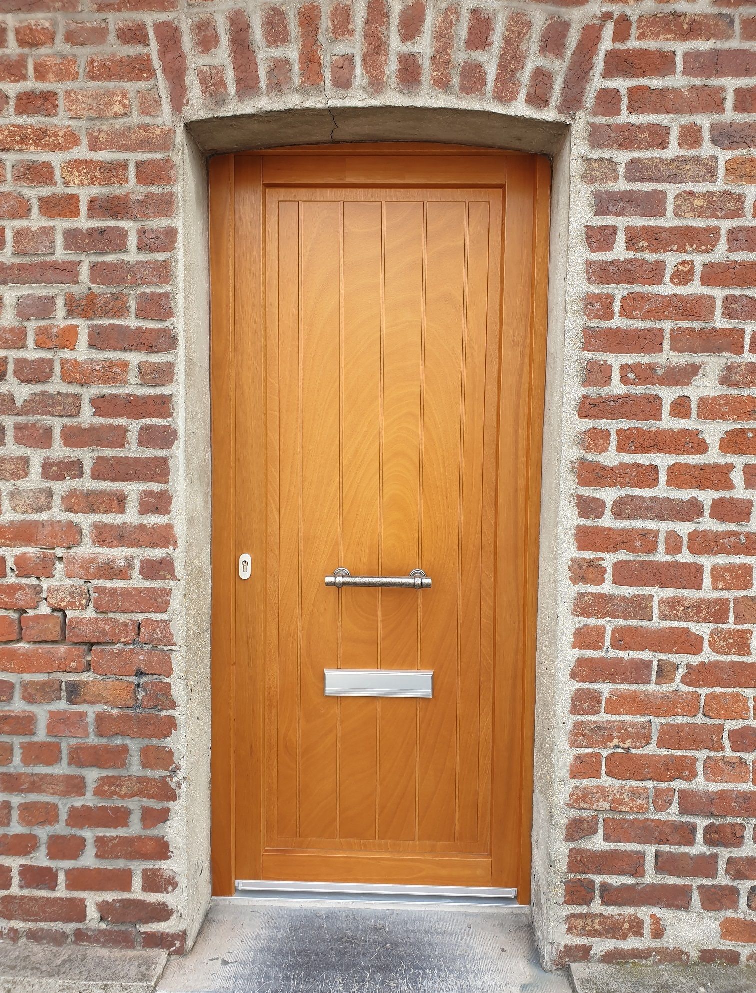 Porte d'entrée en bois, panneau plein avec insert de boîte aux lettres. PIERRET.