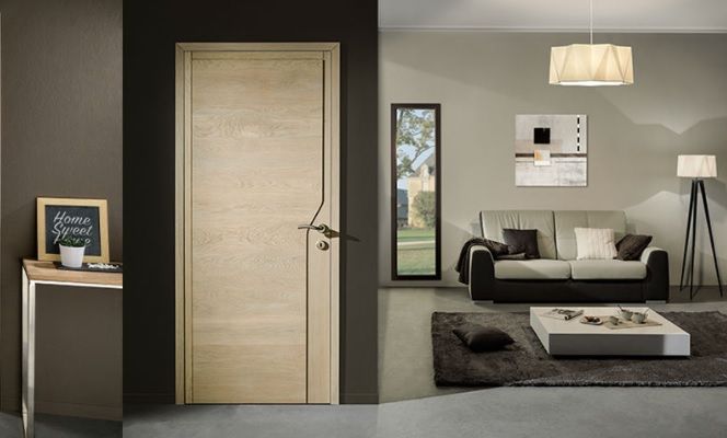 Salon design avec porte en bois clair