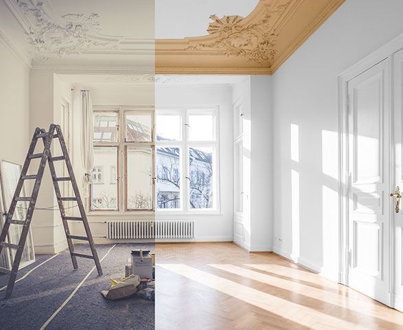 Una foto de antes y después de una habitación siendo pintada.