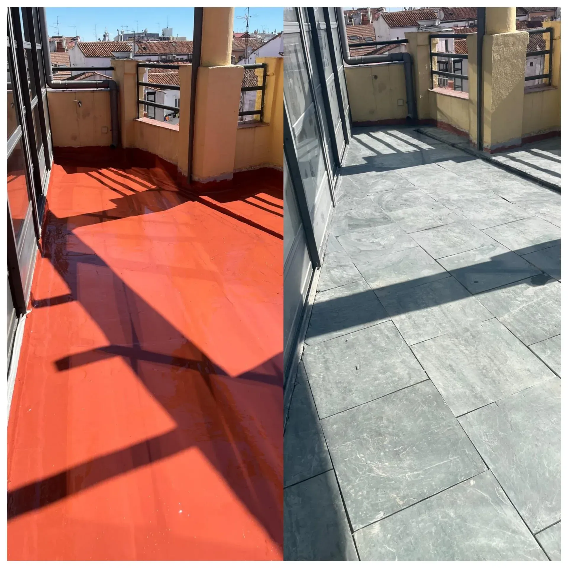 Una imagen de un balcón antes y después de ser pintado.
