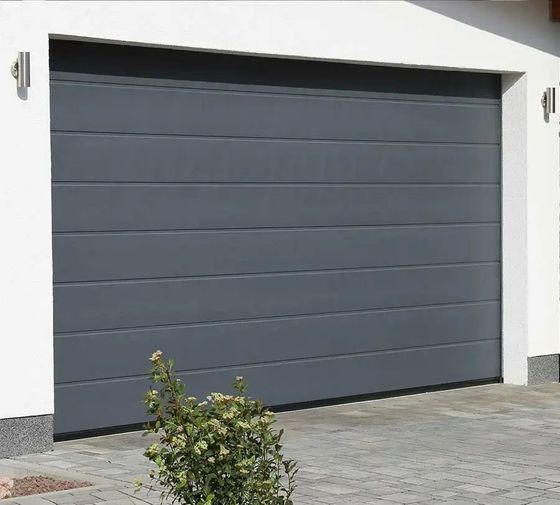 Porte de garage gris foncé fermée sur une façade de maison blanche avec un petit arbuste devant.