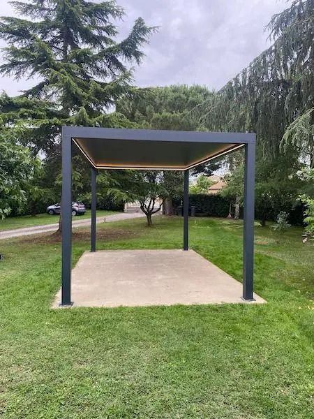 Dalle de béton extérieure avec une structure d'ombrage en métal foncé dans un parc gazonné
