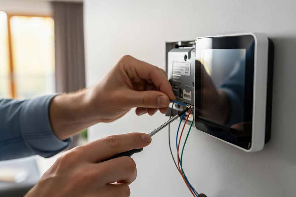 Ein Elektriker prüft die Verkabelung in einem Verteilerkasten mit einem Multimeter.