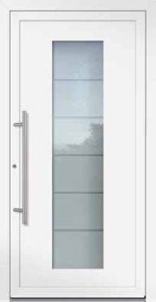 Eine weiße Tür mit Glasfenster und Edelstahlgriff.