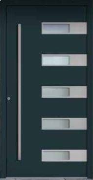 Eine schwarze Tür mit weißen Streifen und einem Edelstahlgriff.