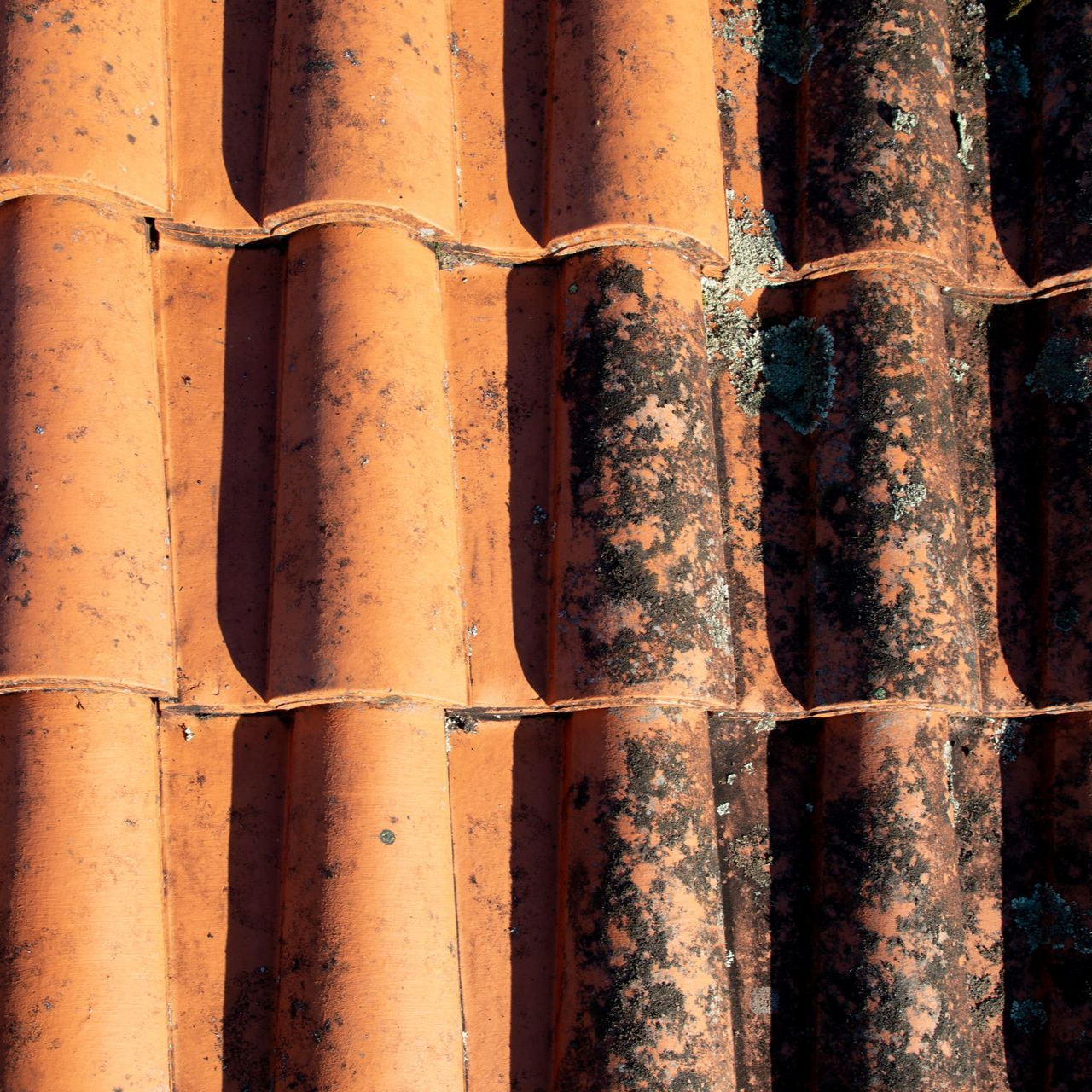 Gros plan sur des tuiles de toit en terre cuite patinées par le temps, avec des jeux d'ombre et de soleil, montrant des taches sombres.