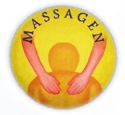 Gelbes MassageN-Logo mit zwei rosa Händen, die eine orangefarbene Figur massieren